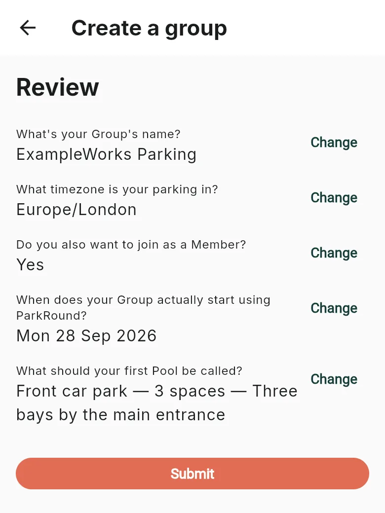 The wizard's Review page: ExampleWorks Parking, Europe/London, joining as a Member, starting Mon 28 Sep 2026, and a first pool called Front car park with 3 spaces