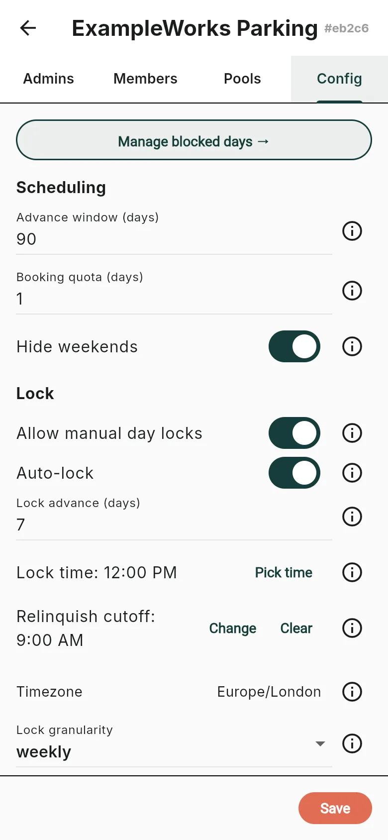 The Config tab with a booking quota of 1, weekly Lock seven days ahead at 12:00 PM, and a 9:00 AM relinquish cutoff
